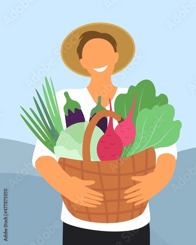 Happy male farmer holding a basket with vegetables. Vector illustration in cartoon style