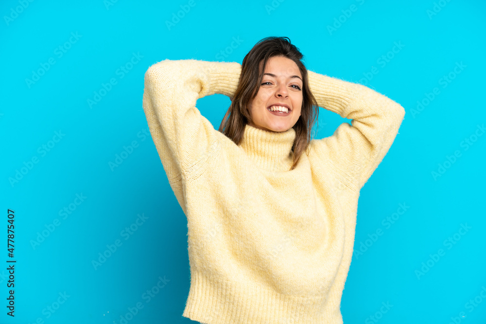 Young caucasian woman isolated on blue background laughing Young caucasian woman isolated on blue background laughing