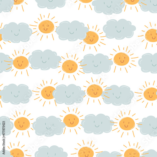 sun clouds seamless pattern. childish cute pattern sky. baby background. Stock vector illustration isolated on white background.