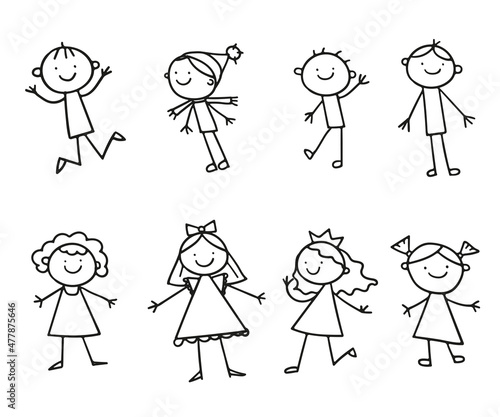 Group of funny kids girls and boys. Friendship concept. Happy cute doodle contour children. Isolated vector illustration in hand drawn line style on white background