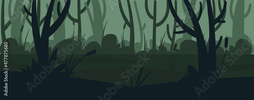 Cartoon forest background with pond or swamp. Rainforest landscape scary night silhouette with a water, tree trunks and marsh grass. Vector cartoon illustration of wild jungle, forest.
