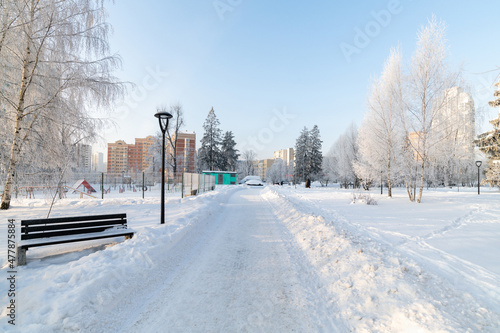 Foto Hoarfrost trees in boulevard in microdistrict 20 Zelenograd in Moscow, Russia