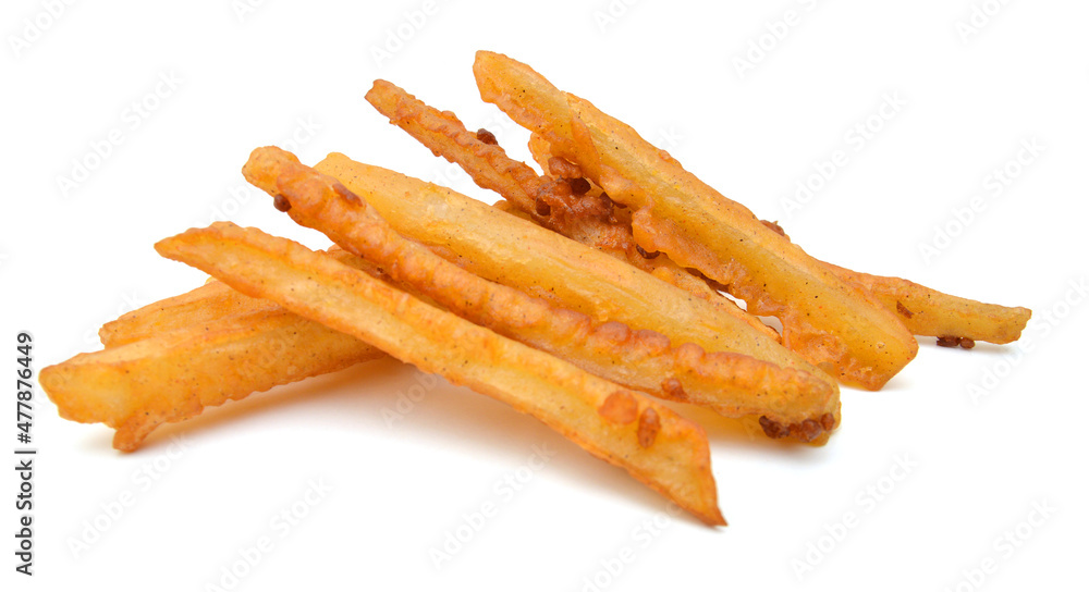 Homemade oil fried sweet potato fries on white background Homemade oil fried sweet potato fries on white background