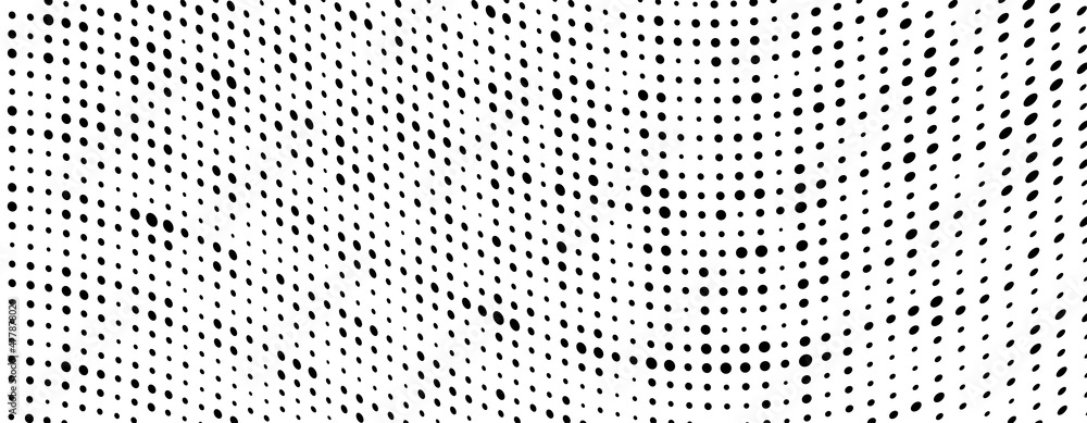 Vector modern optical texture of pop art. Abstract halftone wave dotted background. Futuristic twisted grunge pattern, dots, circles