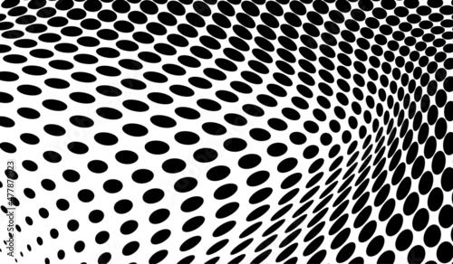 The halftone texture is chaotic monochrome. Abstract black and white waves background of dots. Backdrop for the design of websites, business cards, posters