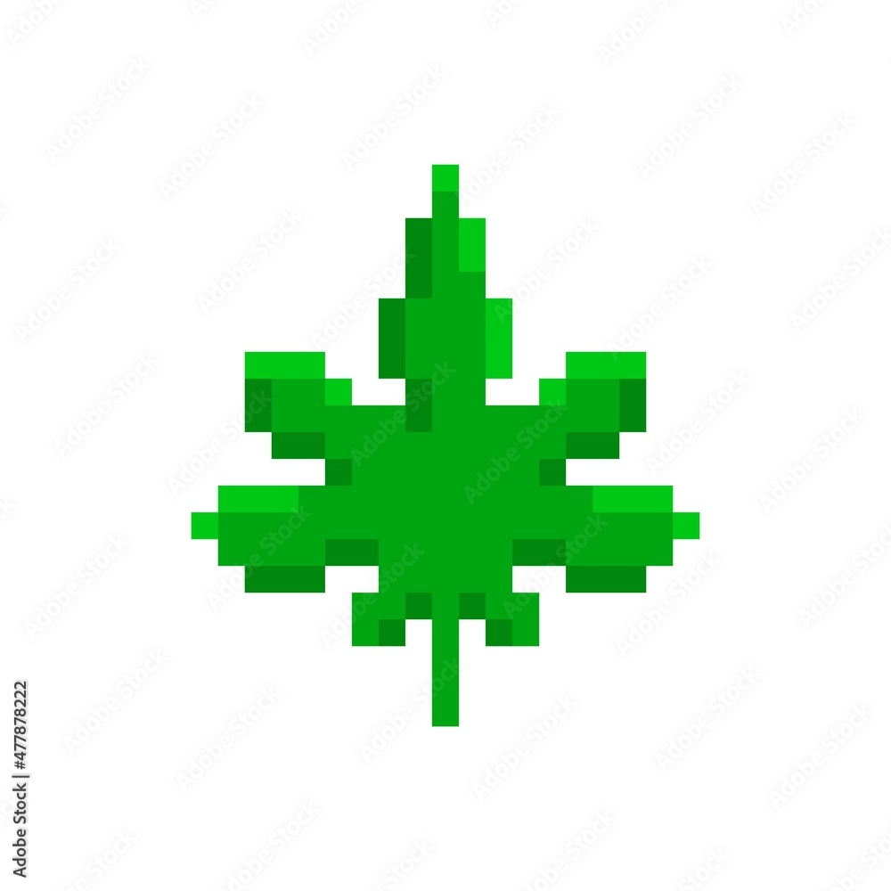 Green marijuana leaf pixel icon. Pixelated with narcotic cannabis relaxing effect natural ganja with medicinal vector effect Green marijuana leaf pixel icon. Pixelated with narcotic cannabis relaxing effect natural ganja with medicinal vector effect