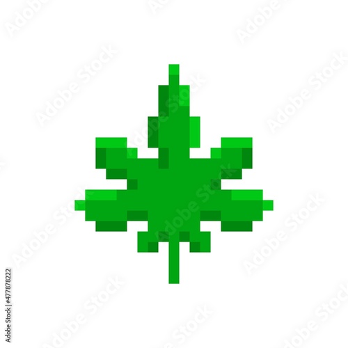 Green marijuana leaf pixel icon. Pixelated with narcotic cannabis relaxing effect natural ganja with medicinal vector effect