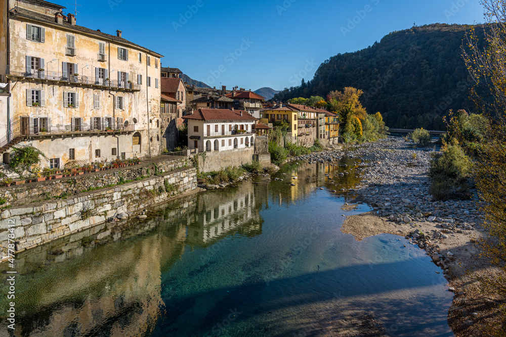 The beautiful village of Varallo, during fall season, in Valsesia (Sesia Valley). Province of Vercelli, Piedmont, Italy.