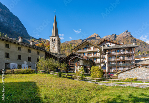 The beautiful village of Alagna Valsesia, during fall season, in Valsesia (Sesia Valley). Province of Vercelli, Piedmont, Italy. photo