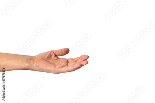An old wrinkled palm extending forward, a woman begs for alms. Isolated on white background with copy space
