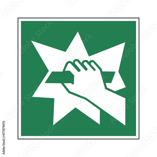 Break to obtain access sign. Vector illustration of green square sign with hand holding bar. Indicator isolated on background. Emergency exit device symbol.