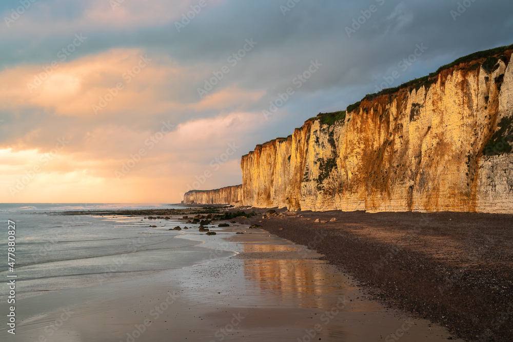 Sunset time at the beach of Veules les Roses in Normandy, France