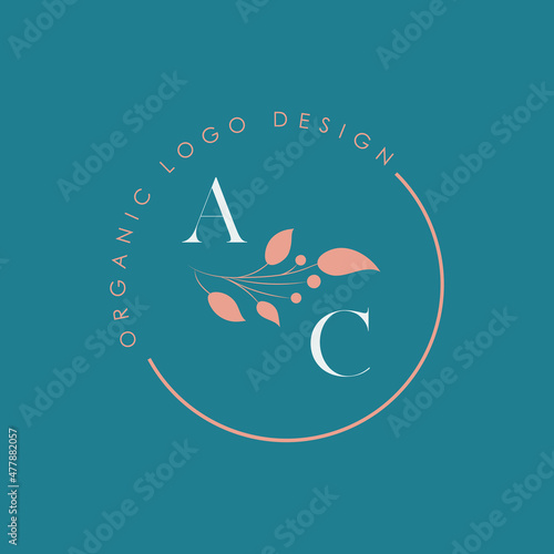AC or A C organic letter logo design on a circle shape frame with botanical flower elements, vector illustration. Natural pastel icon.
