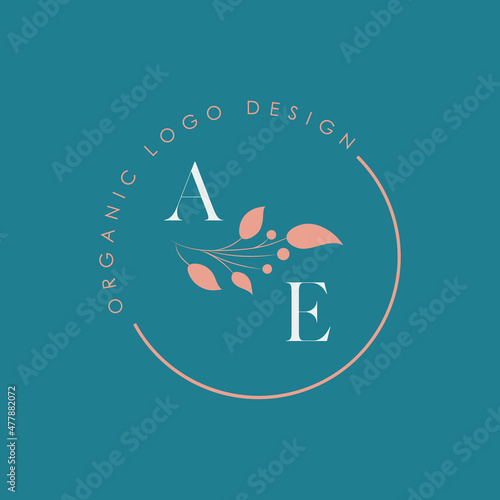AE or A E organic letter logo design on a circle shape frame with botanical flower elements, vector illustration. Natural pastel icon.