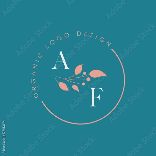 AF or A F organic letter logo design on a circle shape frame with botanical flower elements, vector illustration. Natural pastel icon.