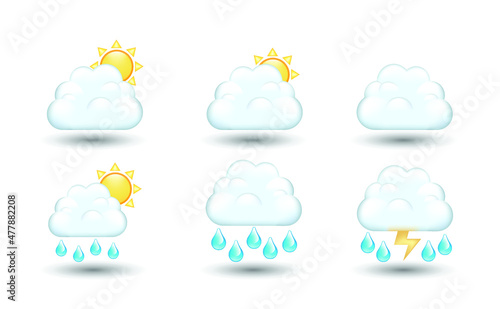 Weather, climate, forecast icons. Clouds with sun, rain drops and thunder vector illustration, emoticons, symbols set. 3d illustration