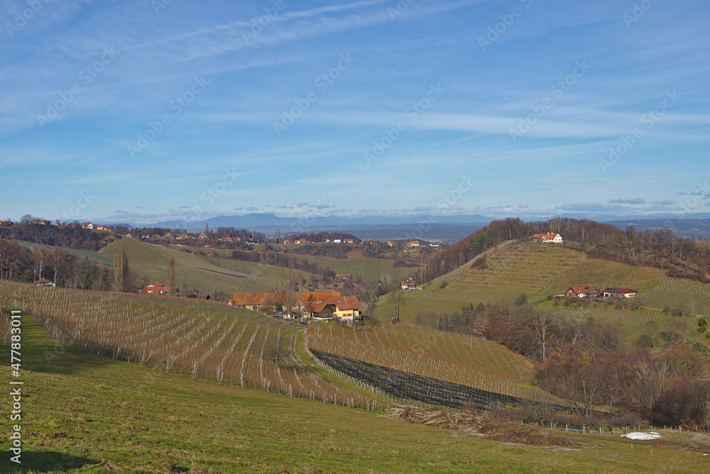 Sunny, spring  landscape with South Styrian vineyards, known as Austrian Tuscany.A charming region on the border between Austria and Slovenia with rolling hills, picturesque villages and wine taverns.