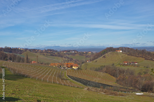 Sunny, spring landscape with South Styrian vineyards, known as Austrian Tuscany.A charming region on the border between Austria and Slovenia with rolling hills, picturesque villages and wine taverns.