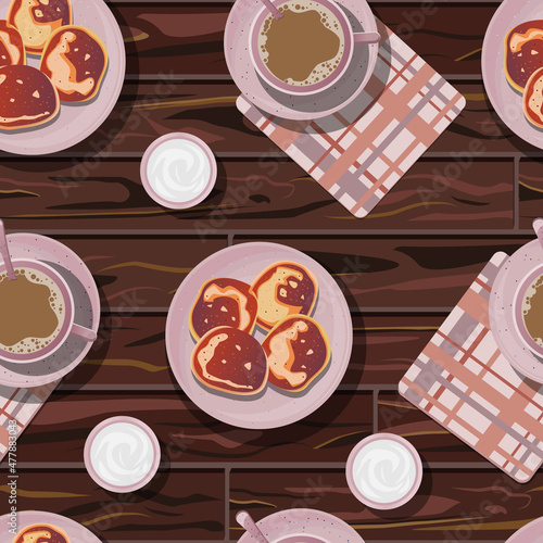 Vector seamless pattern with pancakes in pink plate, coffee with milk in cup on saucer, sour cream and coral clocha napkin isolated on wooden table background.
