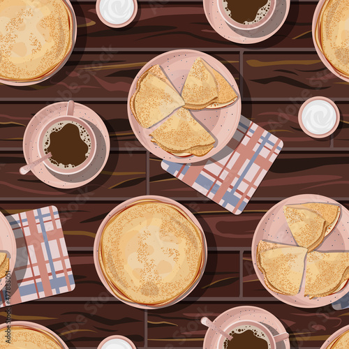 Vector seamless pattern with thin pancakes in plate, coffee in cup on saucer, sour cream and coral clot napkin isolated on wooden table background.
