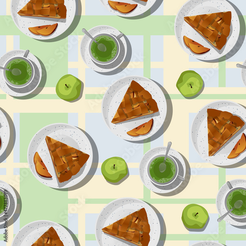 Vector seamless pattern with piece of apple pie in white plate, green tea in cup and saucer isolated on checkered tablecloth background.
