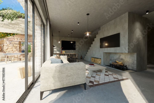 3D rendering of modern, contemporary villa interior living room, connected to outdoor terrace with pergola covered in vegetation