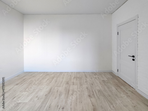 Empty room interior - white wall with a door and floor