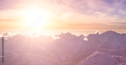 Aerial Panoramic View of Canadian Mountain covered in snow. Sunset Sky Art Render. Located near Squamish, North of Vancouver, British Columbia, Canada. Nature Background Panorama