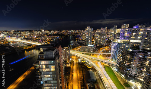 Aerial View of Downtown Vancouver City during night time. False Creek Area  British Columbia  Canada. Modern Cityscape