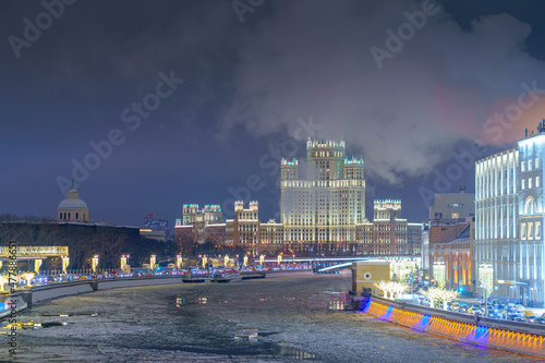 view on Moscow river and Moskvoretskaya embankment in Moscow, Russia