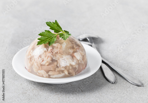 Traditional Russian festive cold appetizer. Pork jelly with pieces of meat in the shape of a hemisphere with parsley on a plate on a light gray background photo