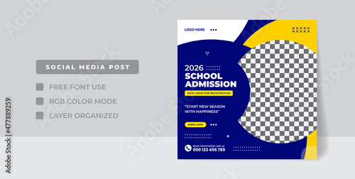 School admission square banner. Suitable for educational banner and social media post template, school admission banner template