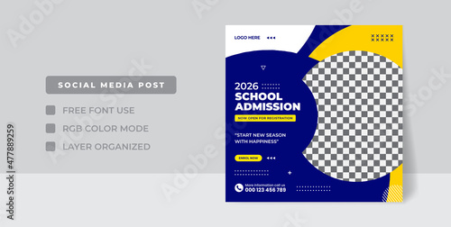 School admission square banner. Suitable for educational banner and social media post template,  school admission banner template