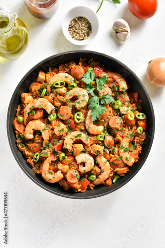 Creole jambalaya with chicken, smoked sausages and vegetables