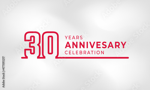 30 Year Anniversary Celebration Linked Logotype Outline Number Red Color for Celebration Event, Wedding, Greeting card, and Invitation Isolated on White Texture Background