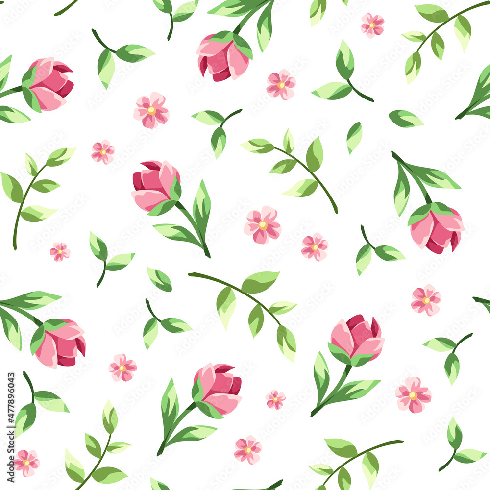 Vector seamless spring floral pattern with pink flowers and green leaves on a white background.