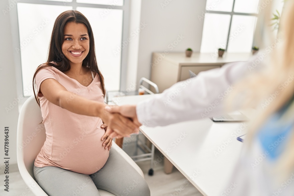 Obraz premium Young latin woman pregnant and doctor shake hands at clinic