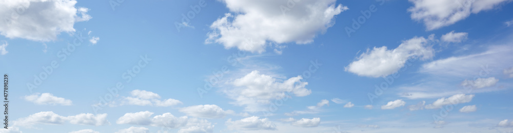 Panoramic photo of blurred sky. Blue sky background with cumulus clouds Panoramic photo of blurred sky. Blue sky background with cumulus clouds