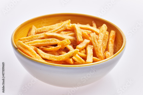  Bowl of french fried potatoes isolated over white background
