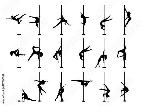 Set of silhouette pole dance exotic black on white photo