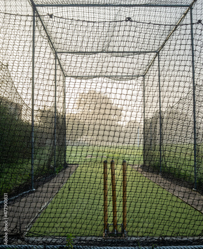 Empty cricket nets at dawn