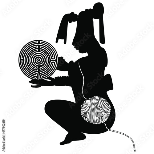 Silhouette of ancient Mayan priest holding round spiral maze or labyrinth symbol and a thread of yarn ball leading to it. Creative concept.
