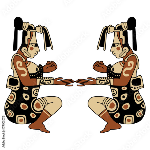 Symmetrical design with two seated indigenous Mayan men or women. Native American art of Maya Indians. Mexico or Guatemala.