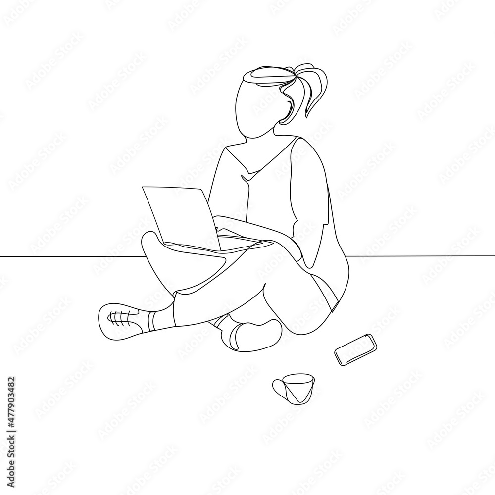 Outline sketch drawing of a woman. Business concept. Young modern woman sitting on the floor and holding a laptop isolated on white background. Vector illustration Outline sketch drawing of a woman. Business concept. Young modern woman sitting on the floor and holding a laptop isolated on white background. Vector illustration