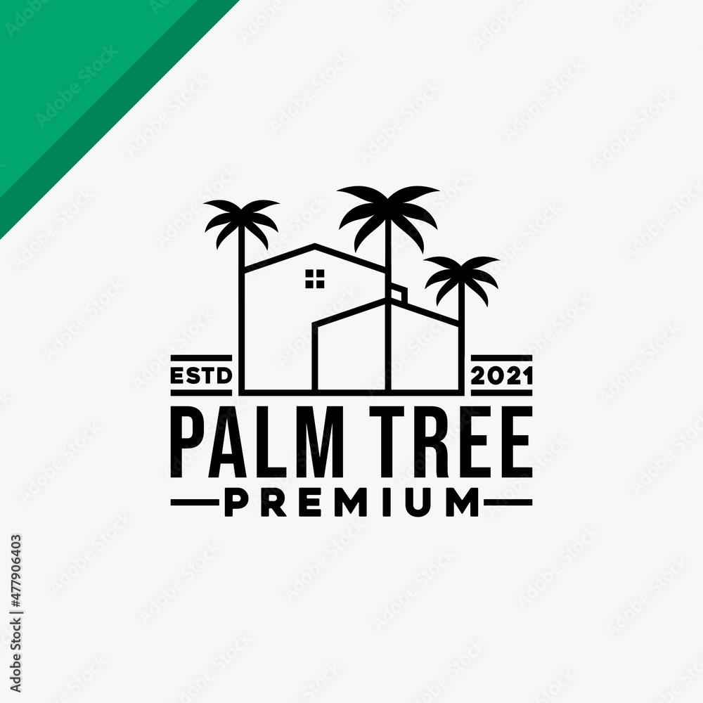 home house with palm tree for hotel holiday vacation logo design