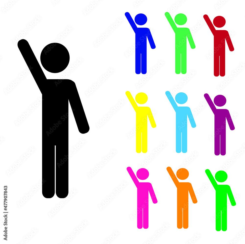 human figure pictogram, stick man standing with his hand raised up, a set of multicolored people isolated on a white background human figure pictogram, stick man standing with his hand raised up, a set of multicolored people isolated on a white background
