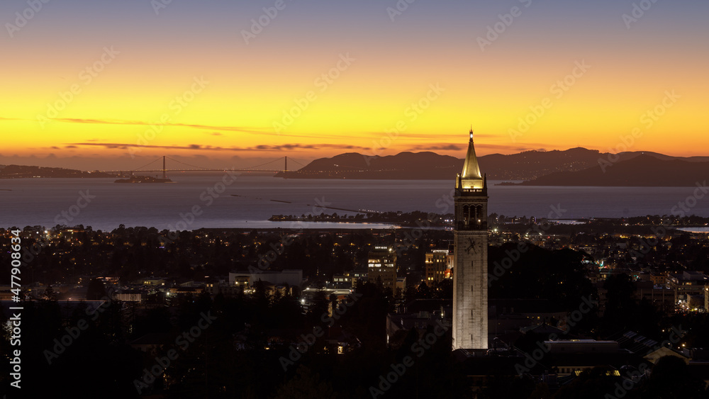 Twilight skies over Sather Tower, (a.k.a. the Campanile) of UC Berkeley via Big C Trail. Berkeley, Alameda County, California, USA.