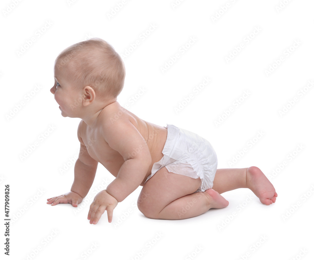 Cute baby in dry soft diaper crawling on white background Cute baby in dry soft diaper crawling on white background