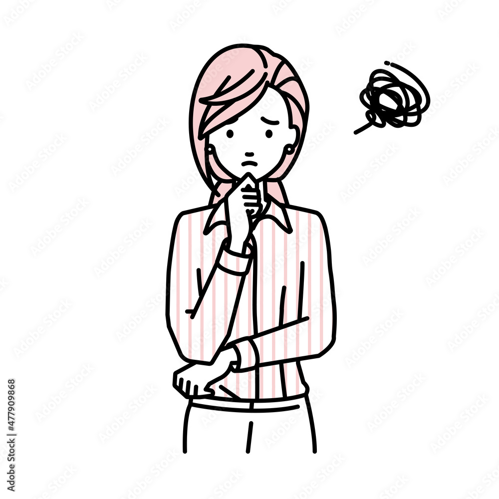 立って手をあごにあてて困っているブラウスの女性