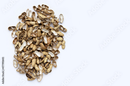 Peanut shells on white background.
